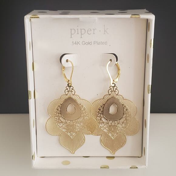 Piper K Long Filigree Earrings Gold Plated Boho New in Box Dressy Casual - Picture 6 of 6